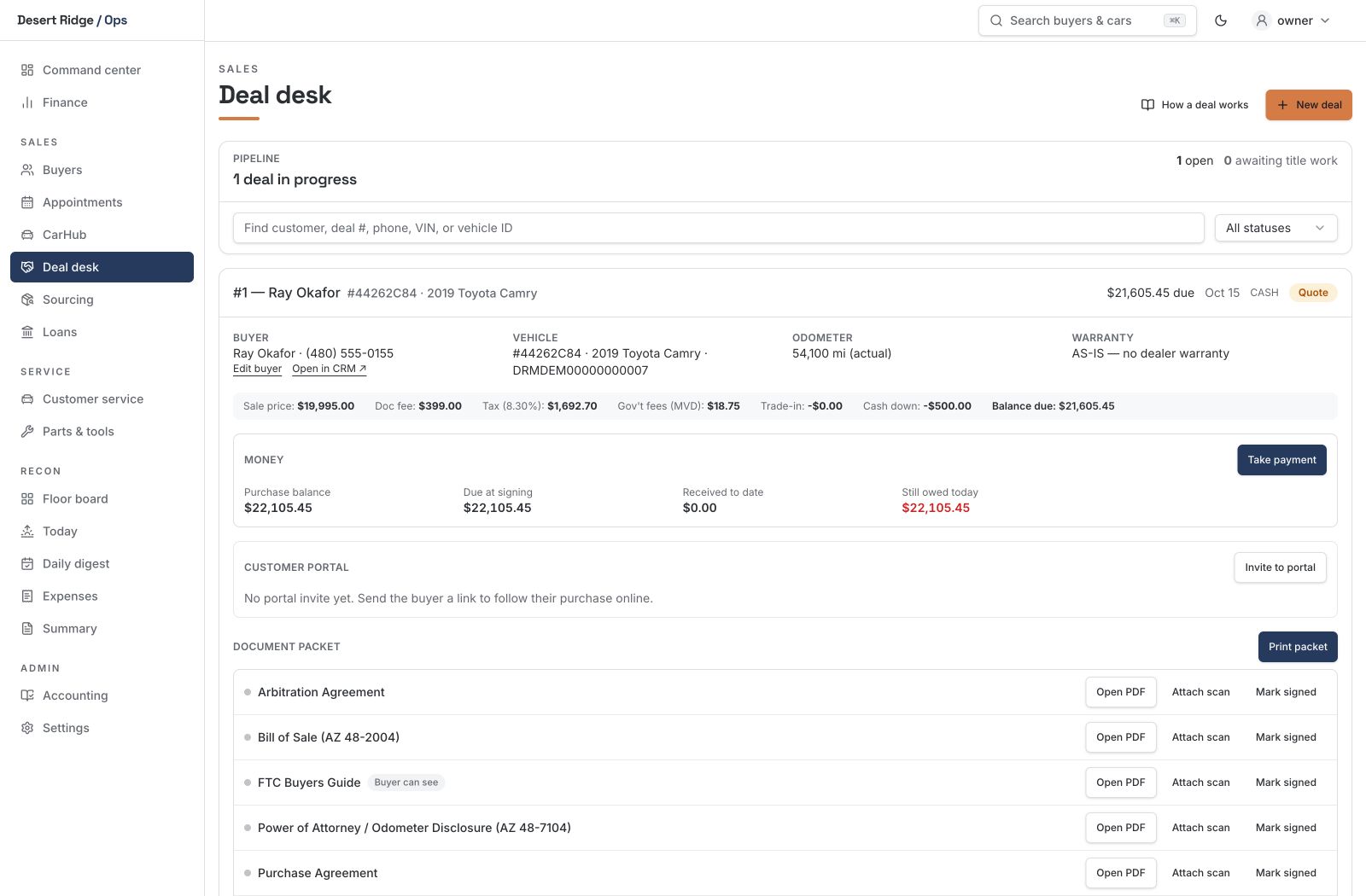 Foundry Auto deal desk with buyer, money and generated document packet